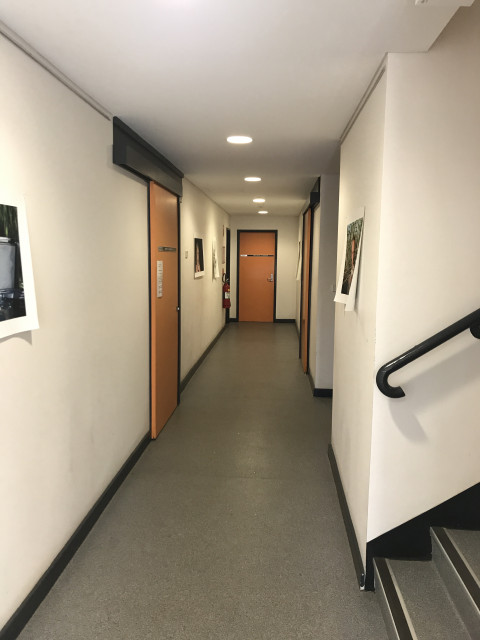 Corridor to the right of the bottom of the stairs. Room is the far door