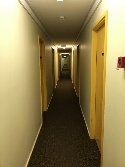 Corridor view from main entrance. OB16 is on the right near the end of the building.