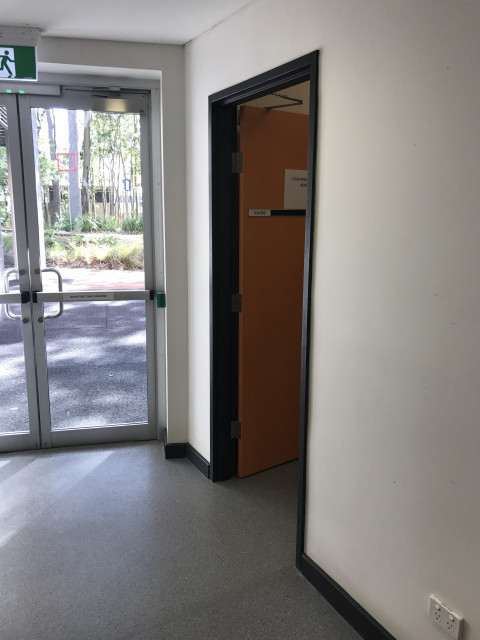 Door view from bottom of stairs