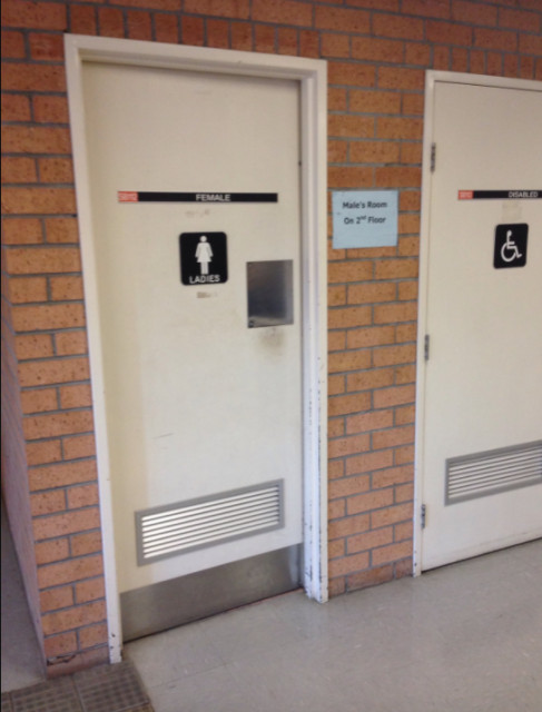 opposite the bathrooms