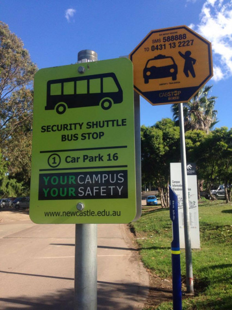 security shuttle bus stop, and emergency phone