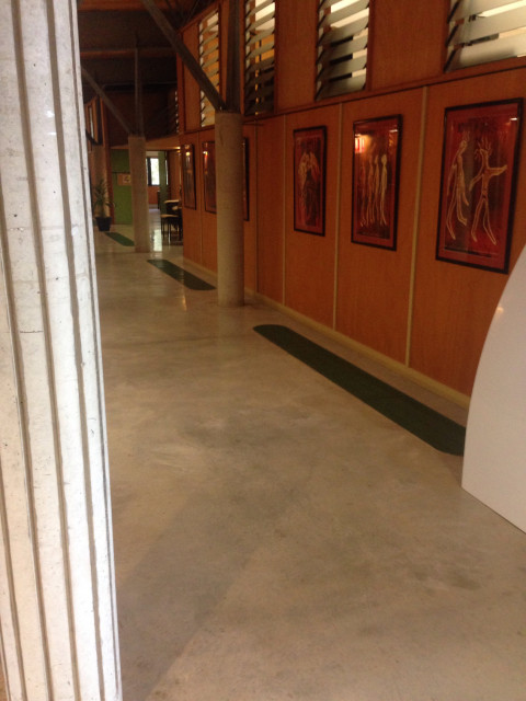 When walking up the stair and (go down this corridor)